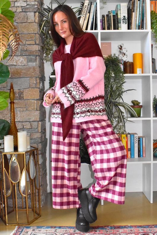 Nora Brushed Cotton Gingham Kick Pant Aubergine